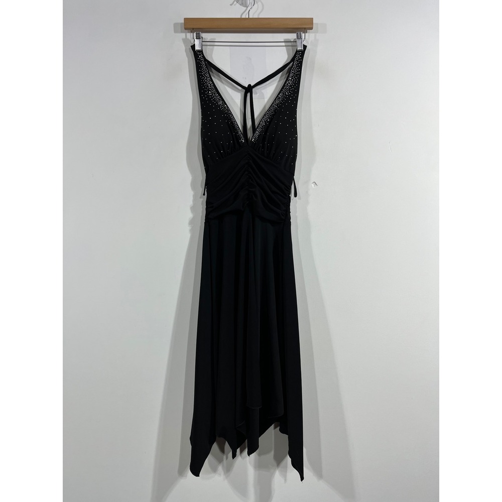 YSUSA Y2K Babydoll Black Rhinestone Ruched Handkerchief Hem Formal‎ Dress Small